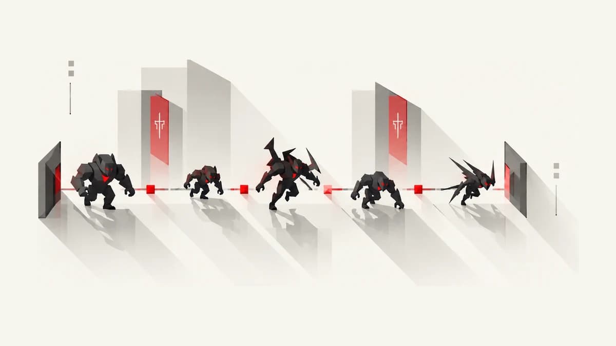 Five low-poly enemies of different builds spread along a line, each casting a long shadow.